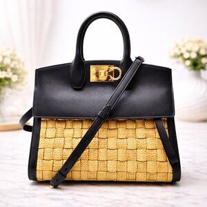 Authentic Salvatore Ferragamo Studio Straw Leather Black Top Handle Crossbody